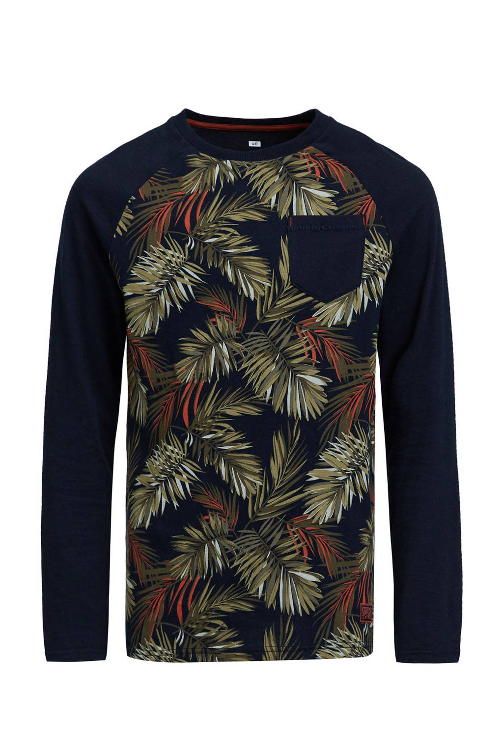 WE Fashion longsleeve Henkie met bladprint donkerblauw, Donkerblauw
