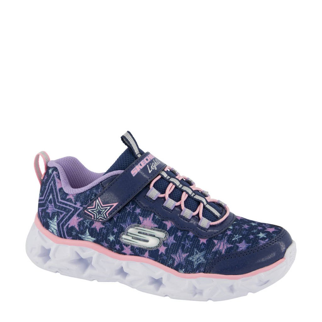 Blauwe meisjes Skechers sneakers met lichtjes van imitatieleer met elastische veter- met klittenbandsluiting en sterrenprint