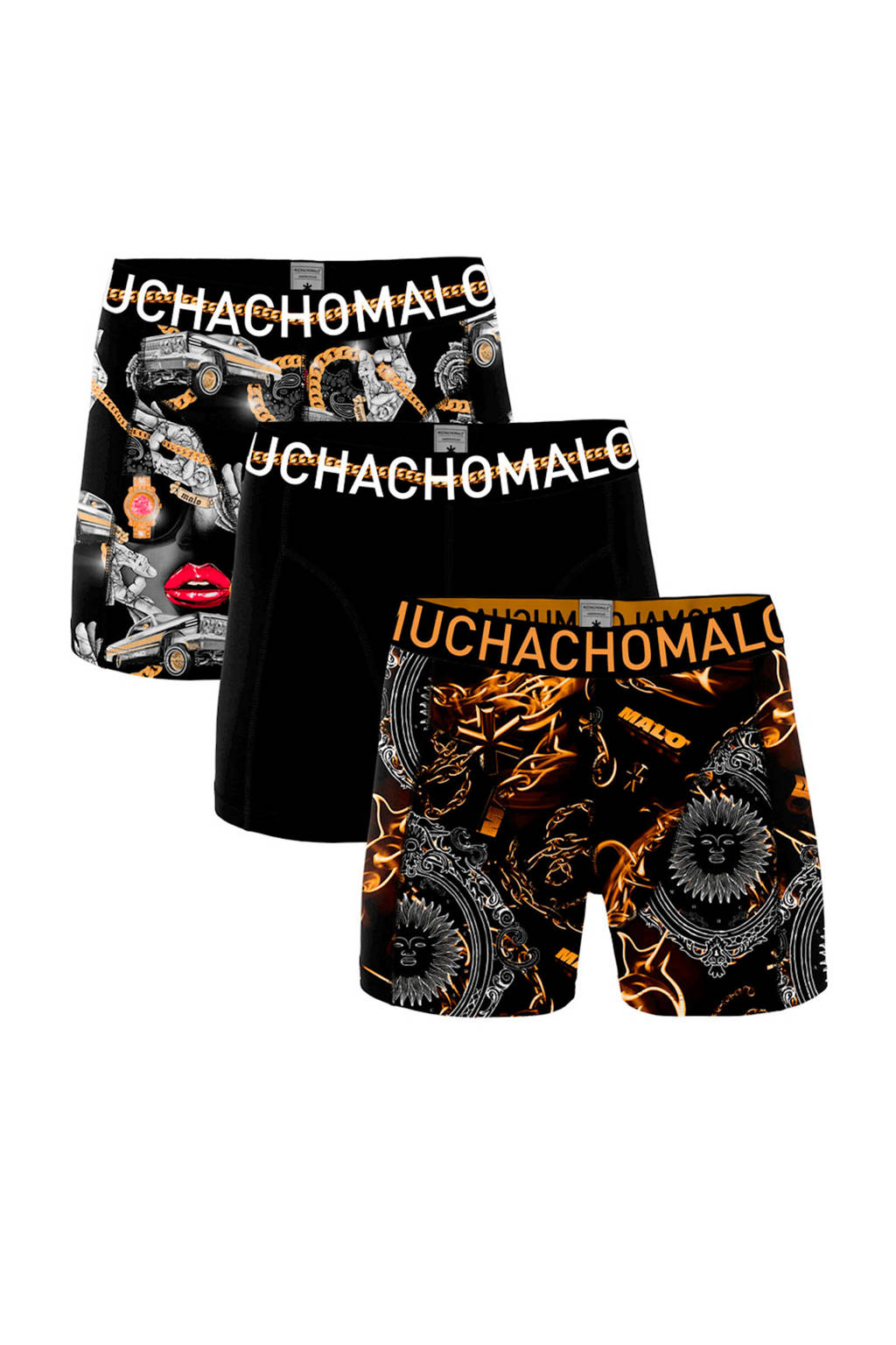 Muchachomalo Junior boxershort Rapper - set van 3 zwart/grijs/oranje, Zwart/grijs/oranje