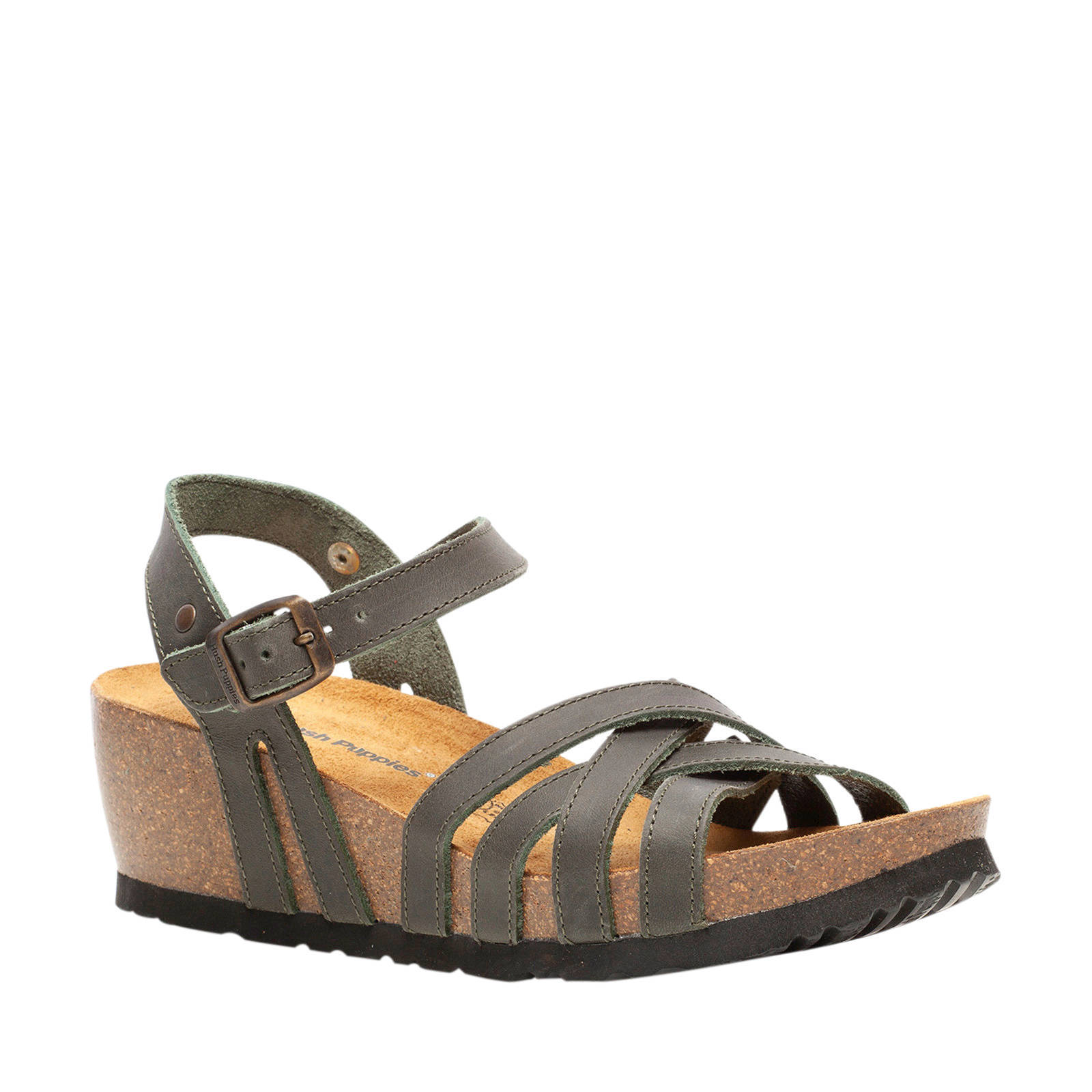 Hush Puppies leren sandalen kaki | wehkamp