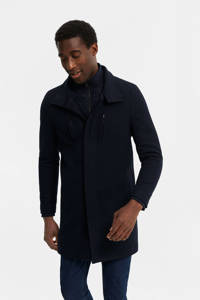 Donkerblauwe heren WE Fashion jas van wol met opstaande kraag en rits- en knoopsluiting