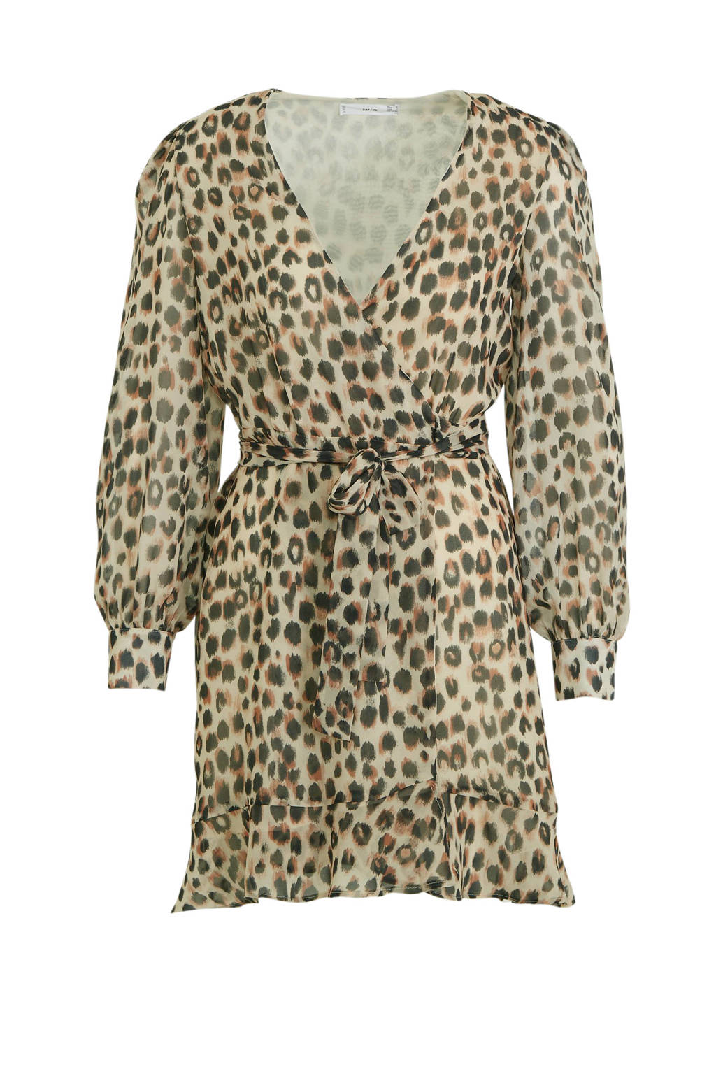 Mango wikkeljurk met panterprint en ruches lichtbeige, Lichtbeige