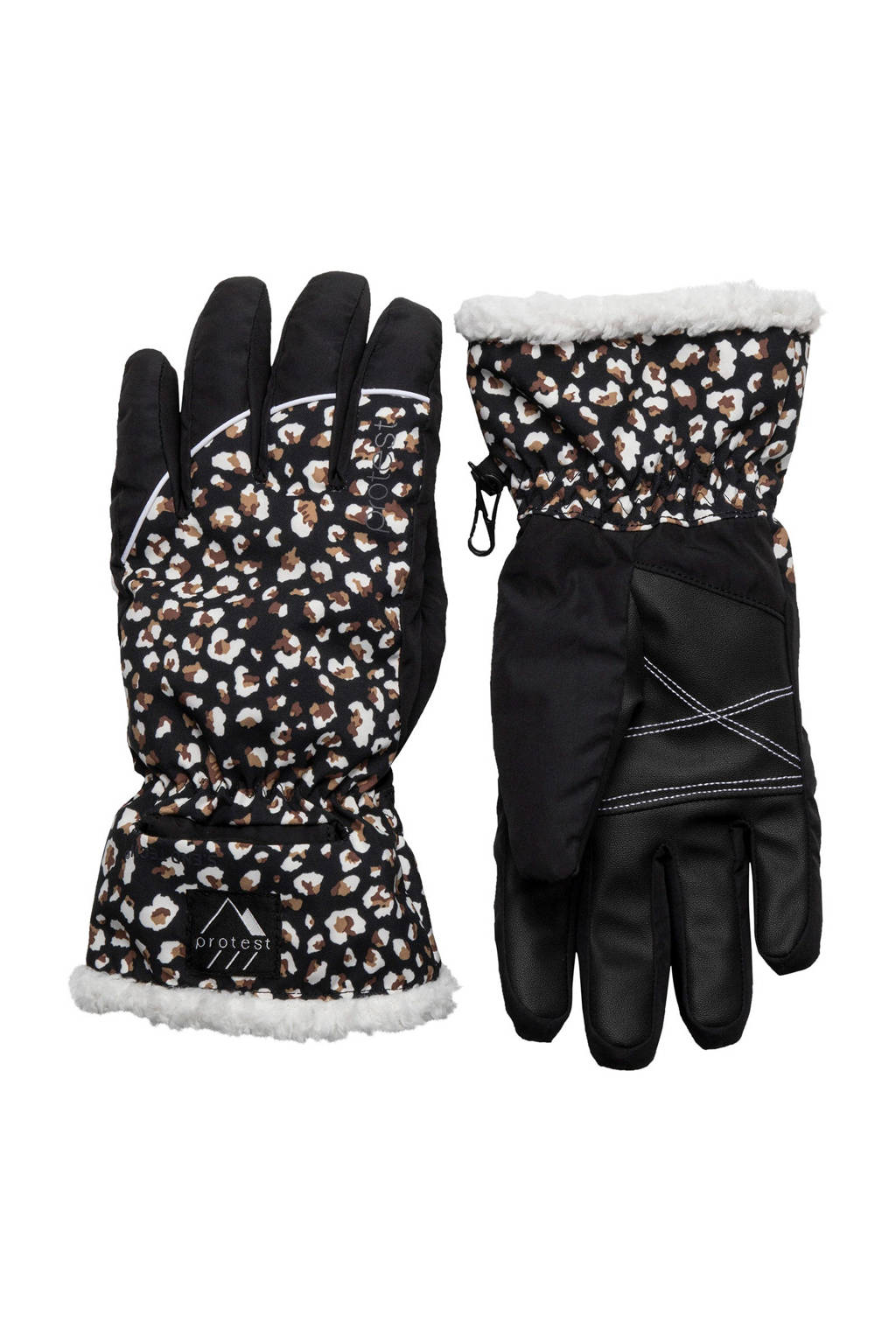 Protest skihandschoenen met panterprint Lilly zwart/wit, Zwart/wit
