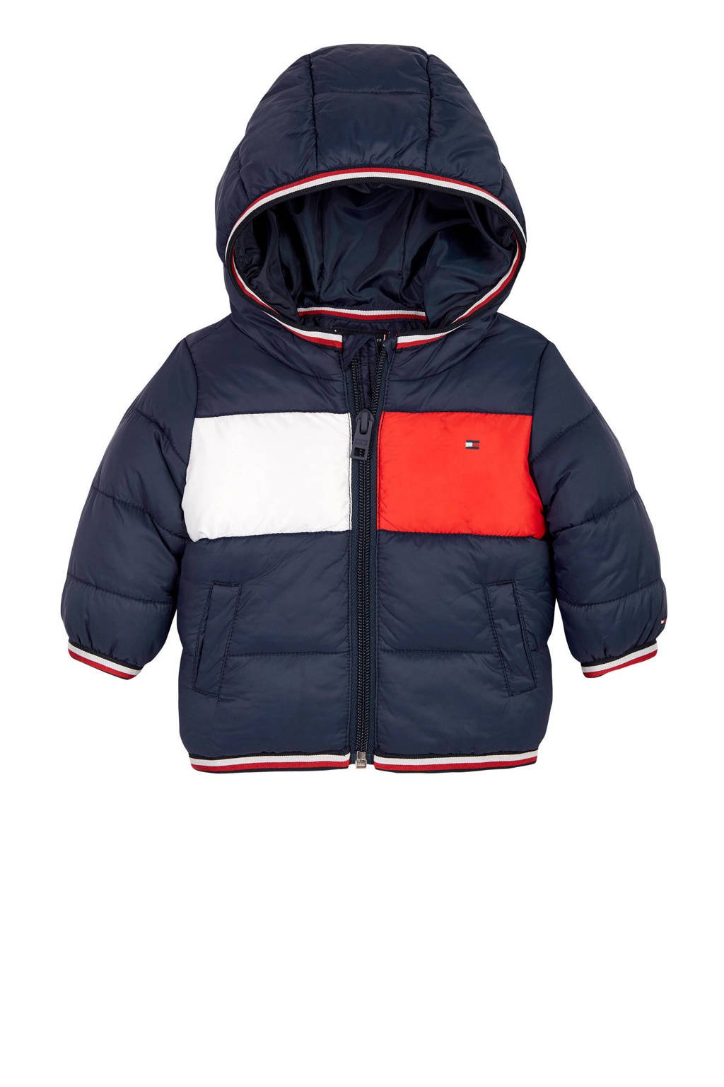 veiling wervelkolom landinwaarts Tommy Hilfiger baby gewatteerde winterjas donkerblauw/rood/wit | wehkamp