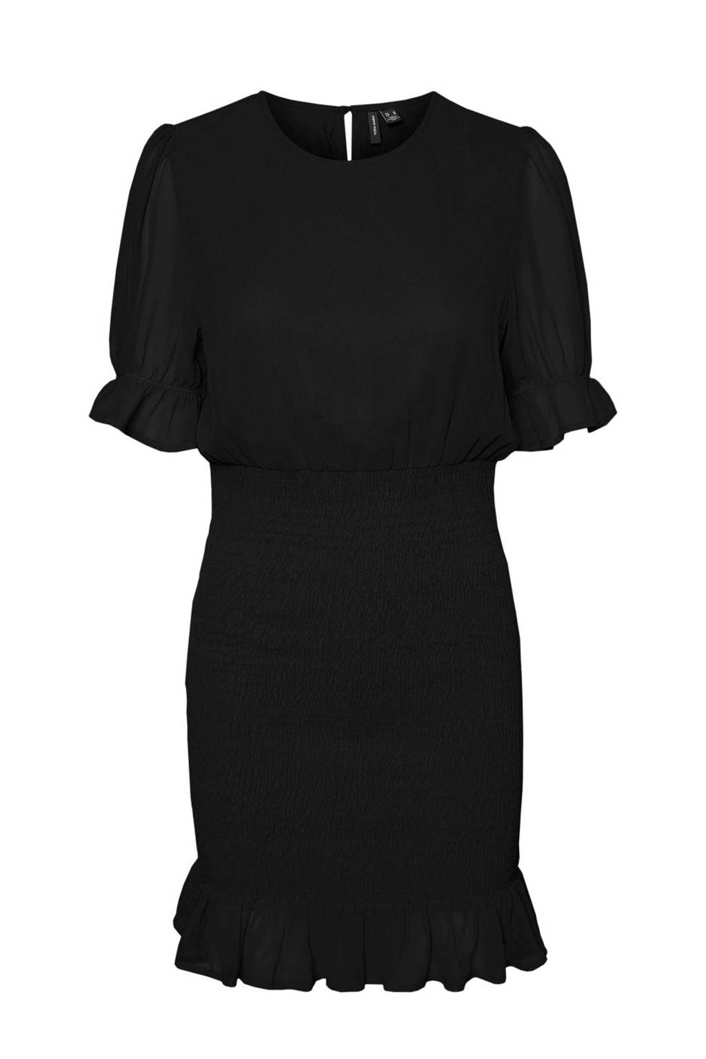 VERO MODA semi-transparante mesh jurk met ruches zwart, Zwart