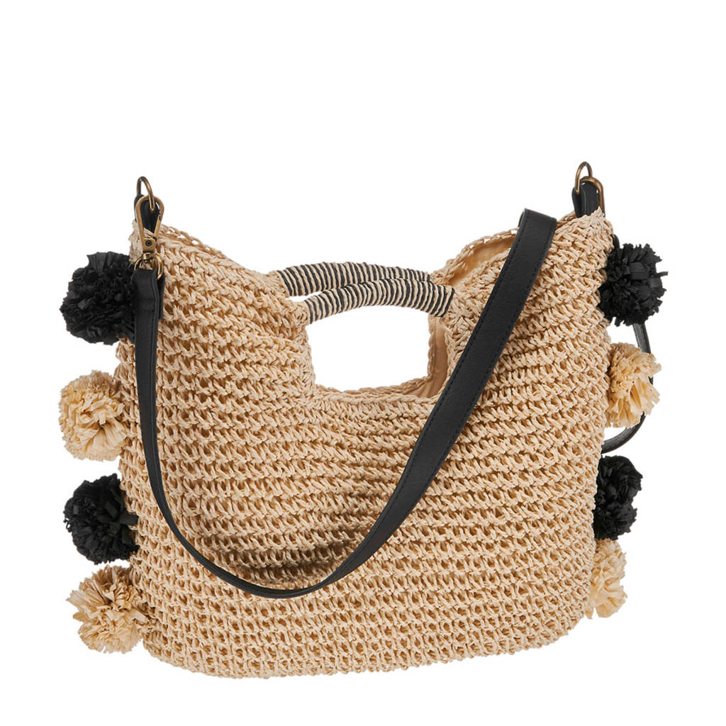 Graceland schoudertas met pompons naturel/zwart, Naturel/zwart