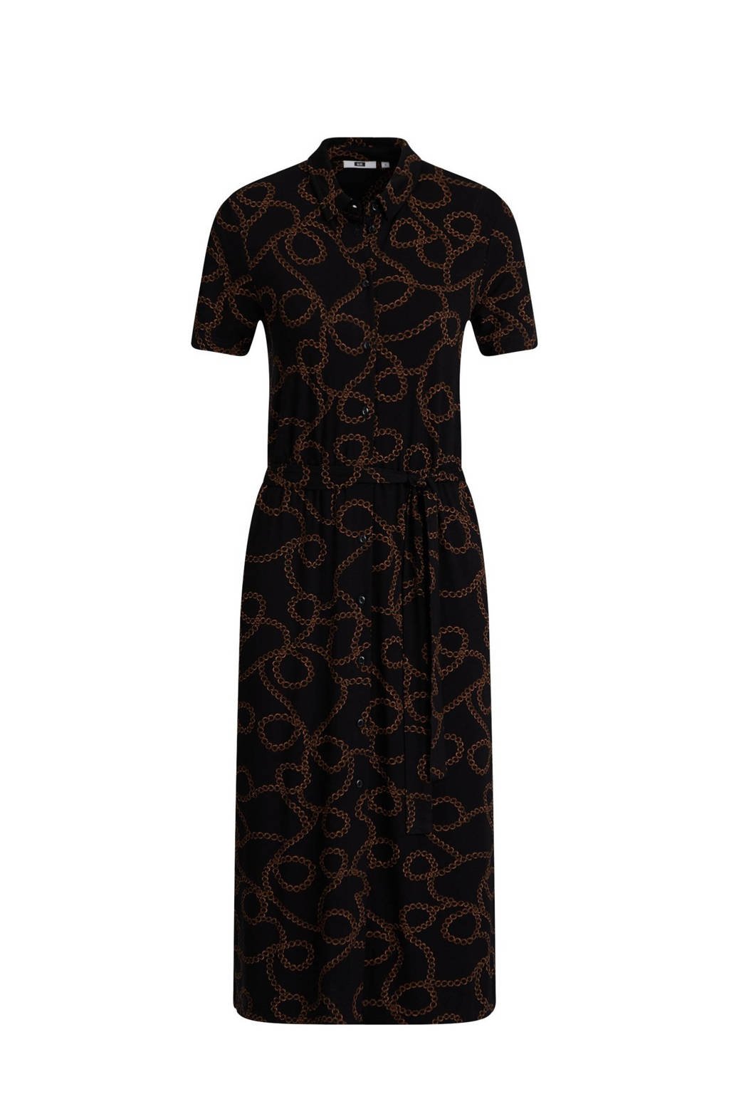 WE Fashion blousejurk met all over print en ceintuur zwart/bruin, Zwart/bruin