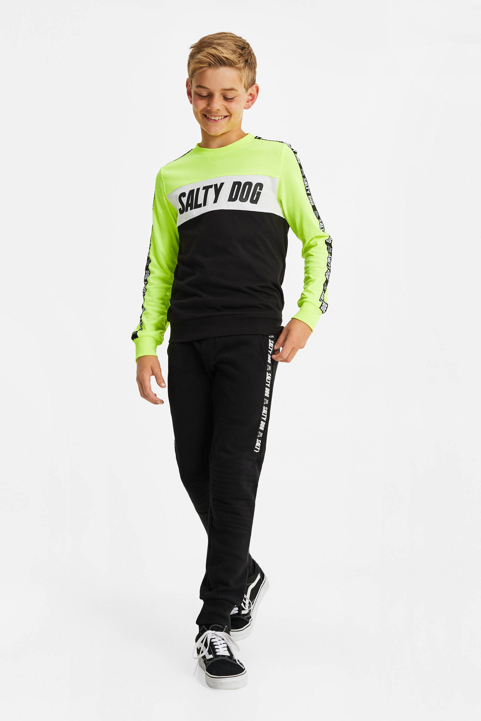 WE Fashion Salty Dog longsleeve met contrastbies Salty Dog WE Fashion Salty Dog T shirt met tekst Salty Dog neon geel