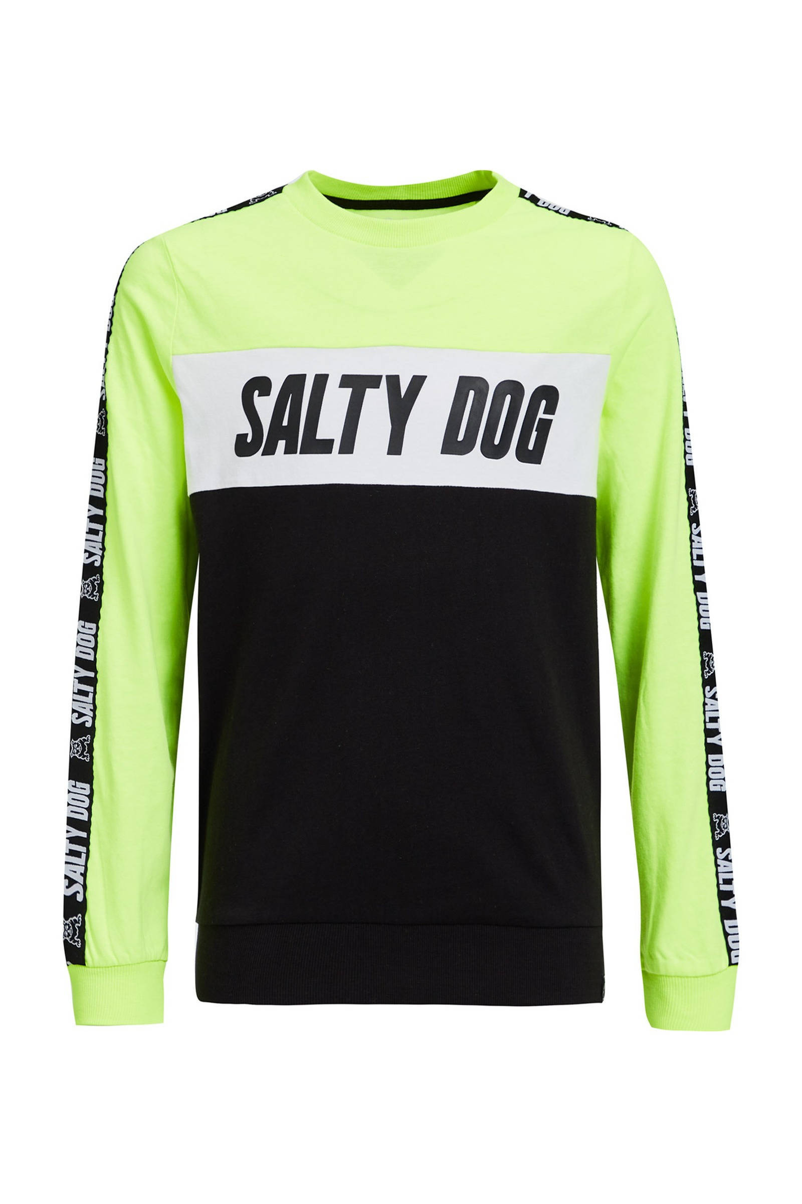 WE Fashion Salty Dog longsleeve met contrastbies Salty Dog WE Fashion Salty Dog T shirt met tekst Salty Dog neon geel