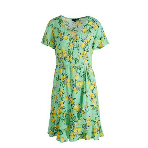 Smashed Lemon overslagjurk met all over print en volant groen geel Smashed Lemon overslagjurk met all over print en volant groen geel