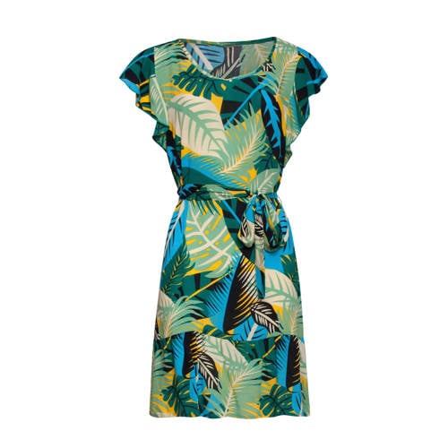 Smashed Lemon jurk met bladprint en ruches groen blauw geel Smashed Lemon jurk met bladprint en ruches groen blauw geel