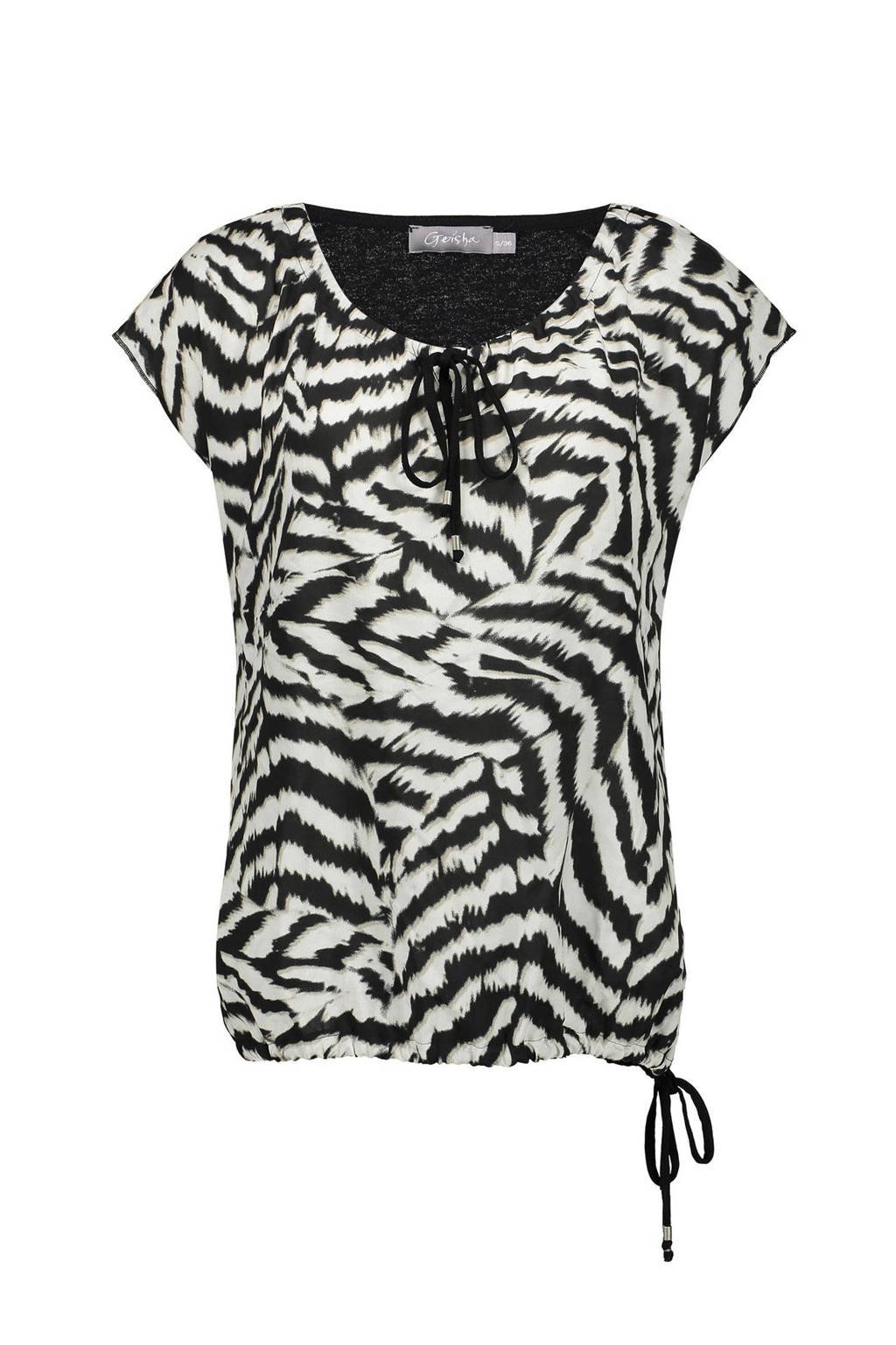 Geisha T-shirt met zebraprint zwart/wit/zand, Zwart/wit/zand
