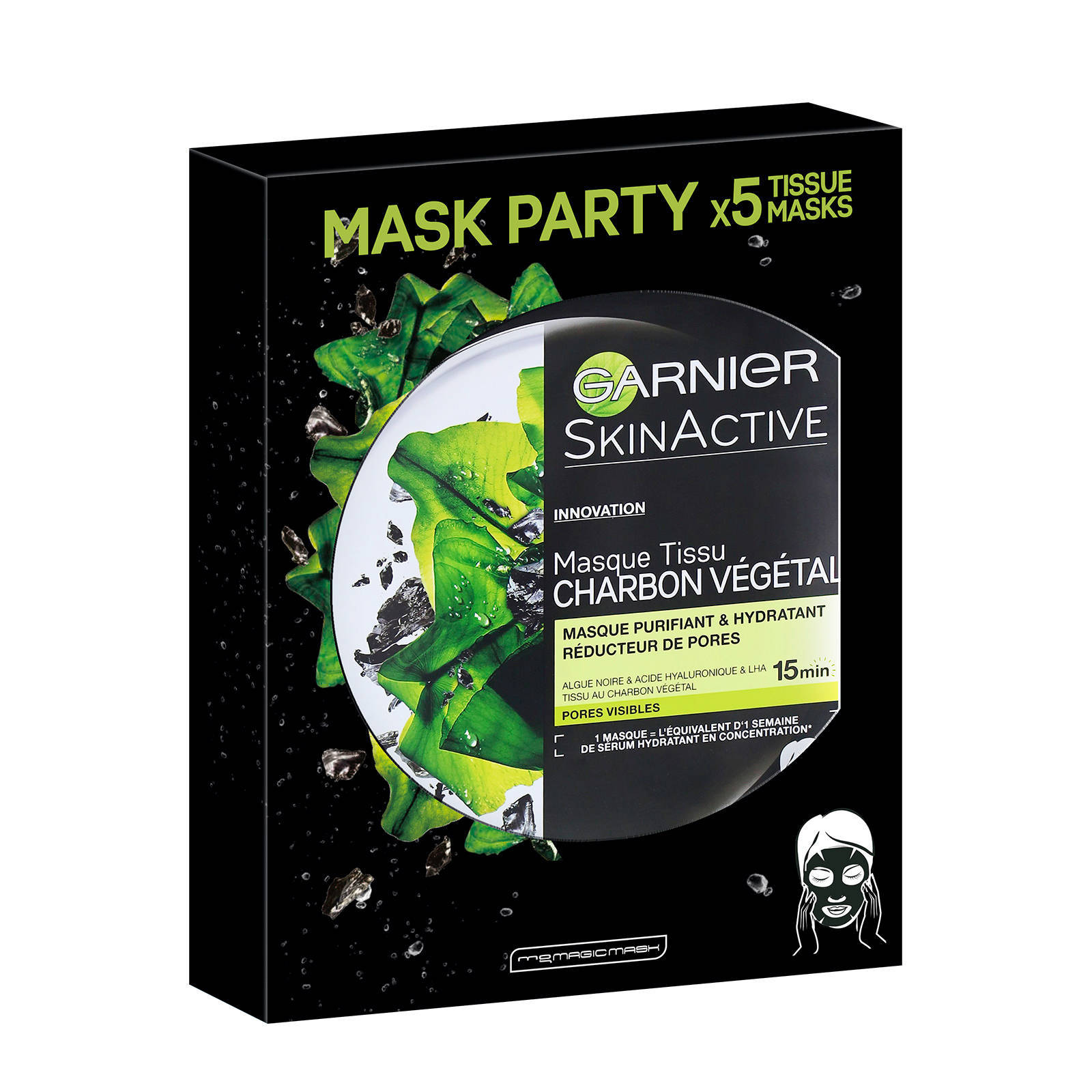 Garnier Skinactive Pure Charcoal Black Sheet Mask Mask Party Pack Zuiverend En Verfijnend