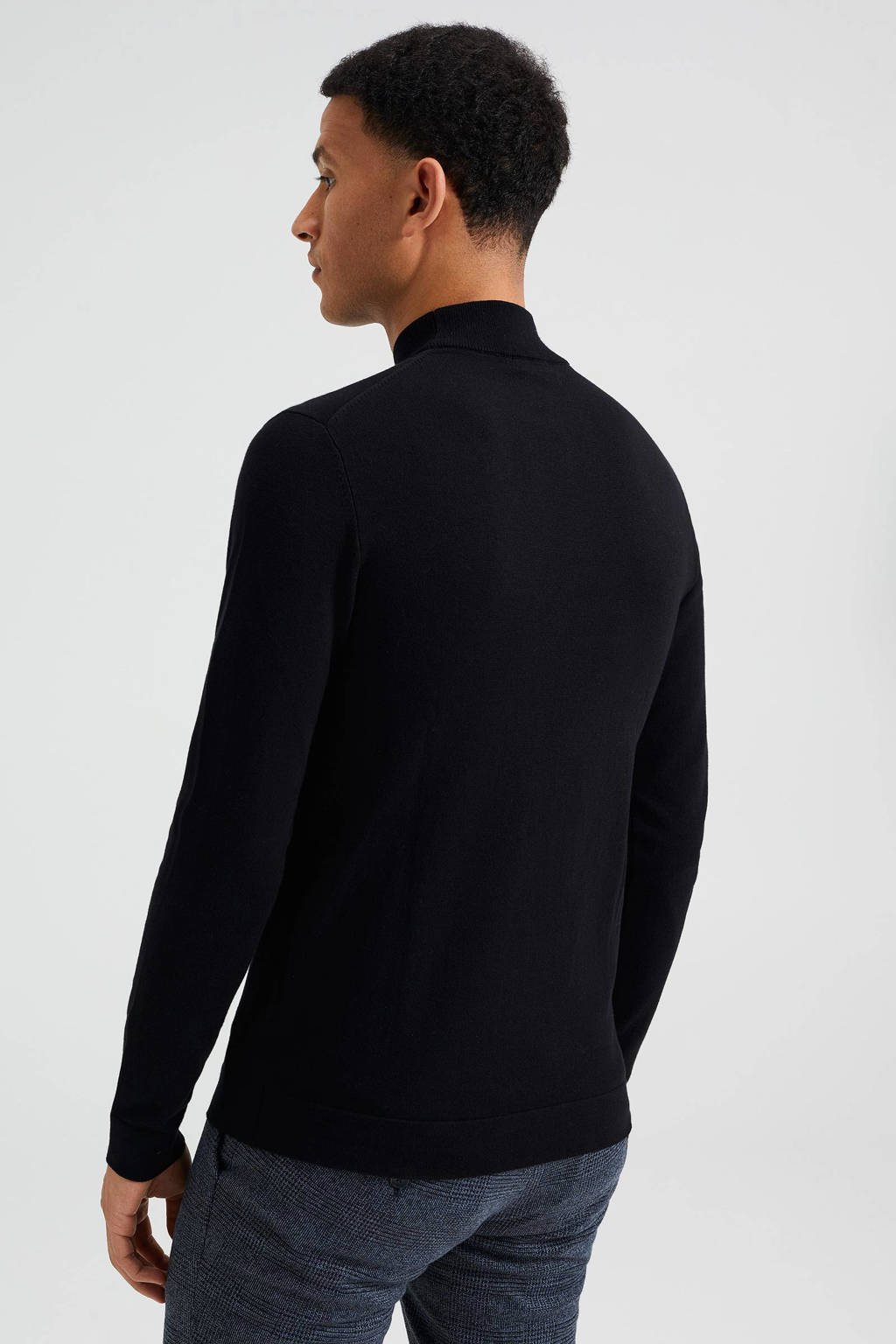 Zwarte heren WE Fashion Fundamentals fijngebreide trui Black Uni van katoen met lange mouwen en opstaande kraag