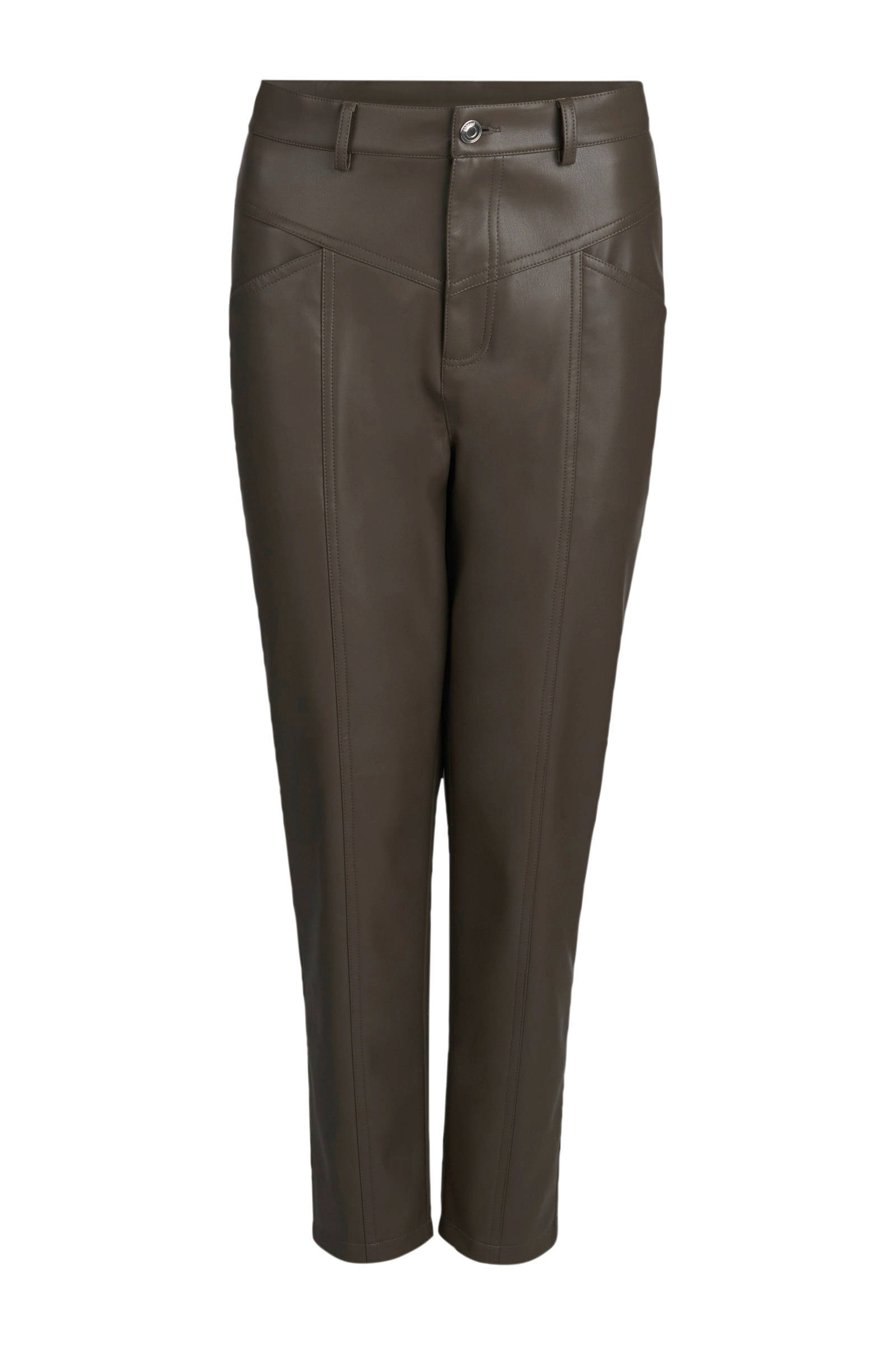 Shoeby Eksept imitatieleren cropped high waist straight fit broek Move  taupe | wehkamp