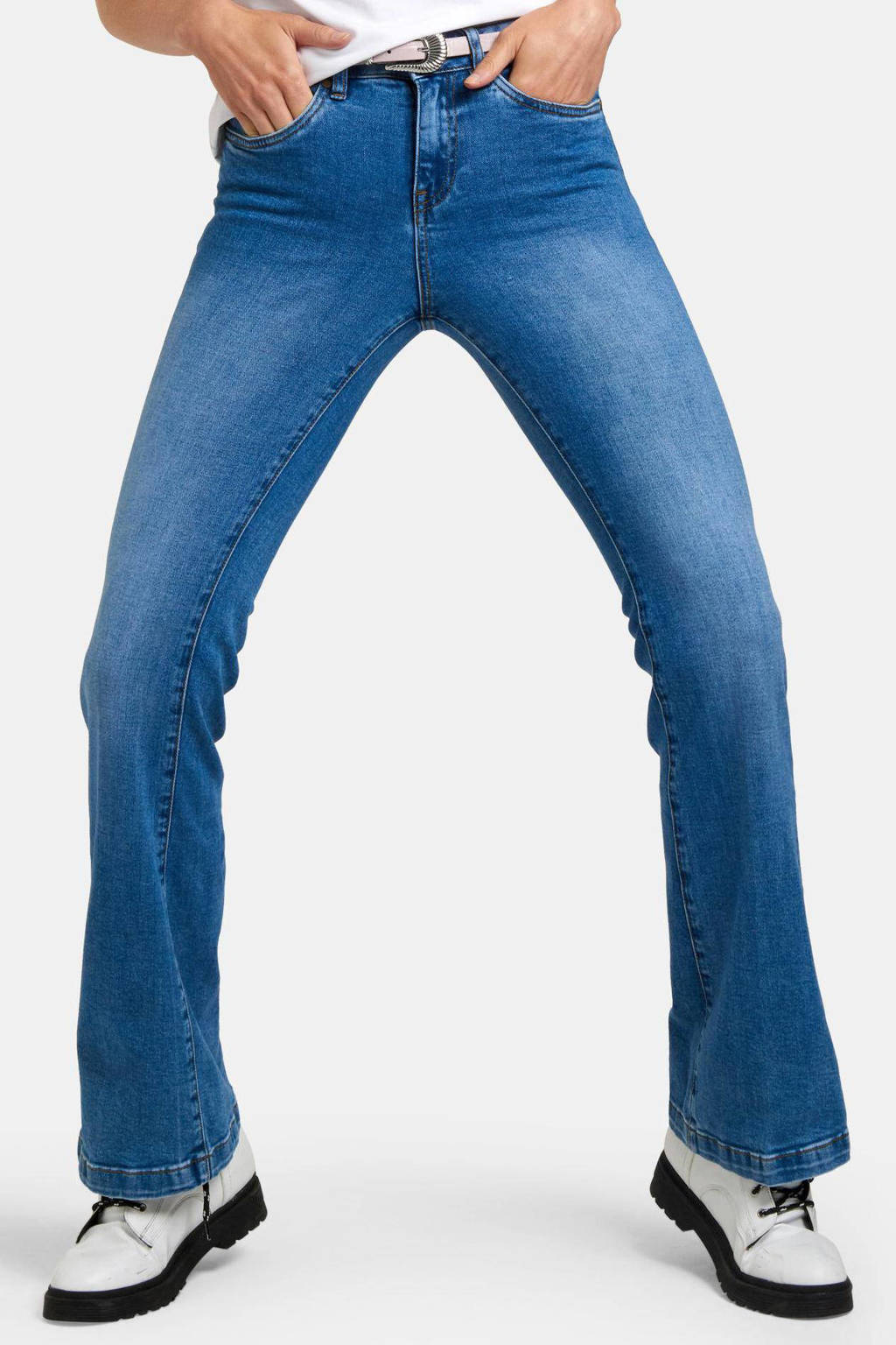 Blauwe dames Shoeby Eksept flared jeans Susan L33 stonewashed van stretchdenim met regular waist en rits- en knoopsluiting