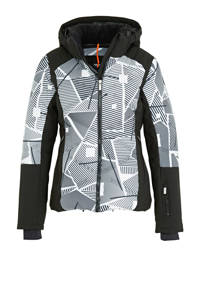 Zwart en lichtgrijze dames Icepeak ski-jack Ellis van polyester met all over print, ritssluiting en afneembare imitatiebontkraag