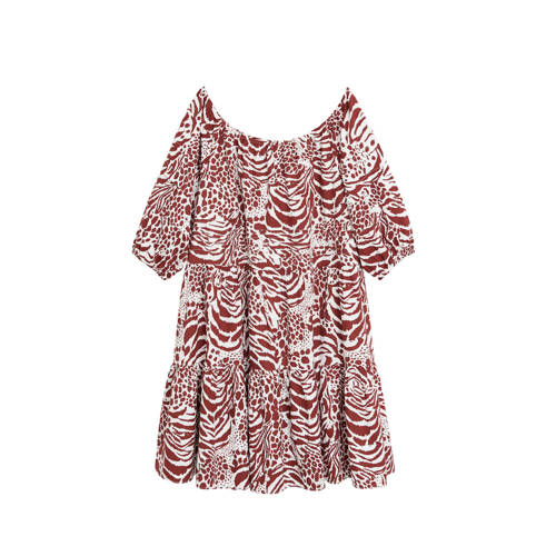 Mango off shoulder jurk met dierenprint donkerrood wit Mango off shoulder jurk met dierenprint donkerrood wit