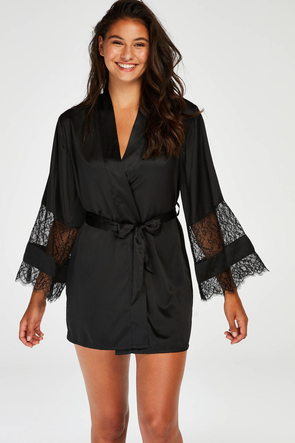Hunkemöller satijnen kimono met kant zwart