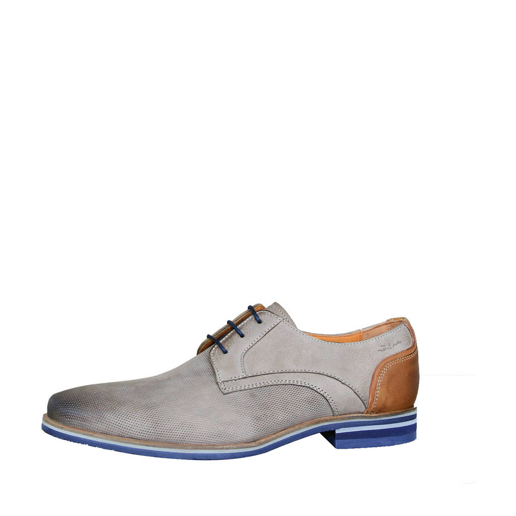 Van Lier nubuck veterschoenen taupe, Taupe/cognac
