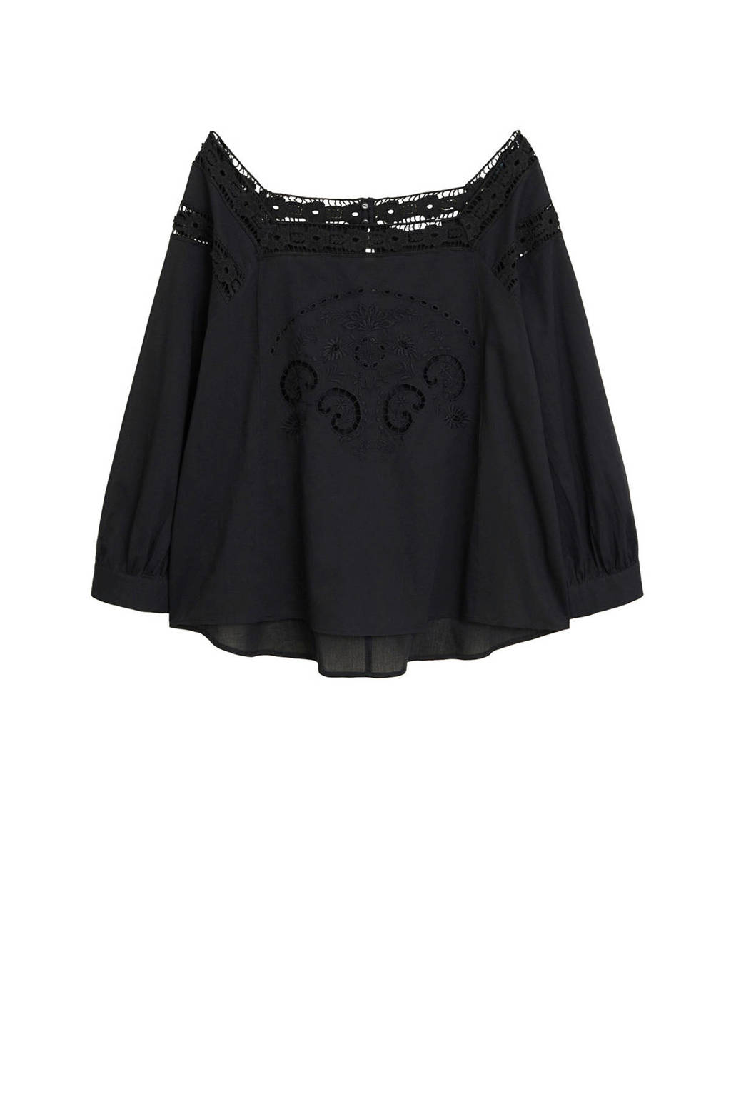 Violeta by Mango semi-transparante geweven off shoulder top met borduursels zwart, Zwart