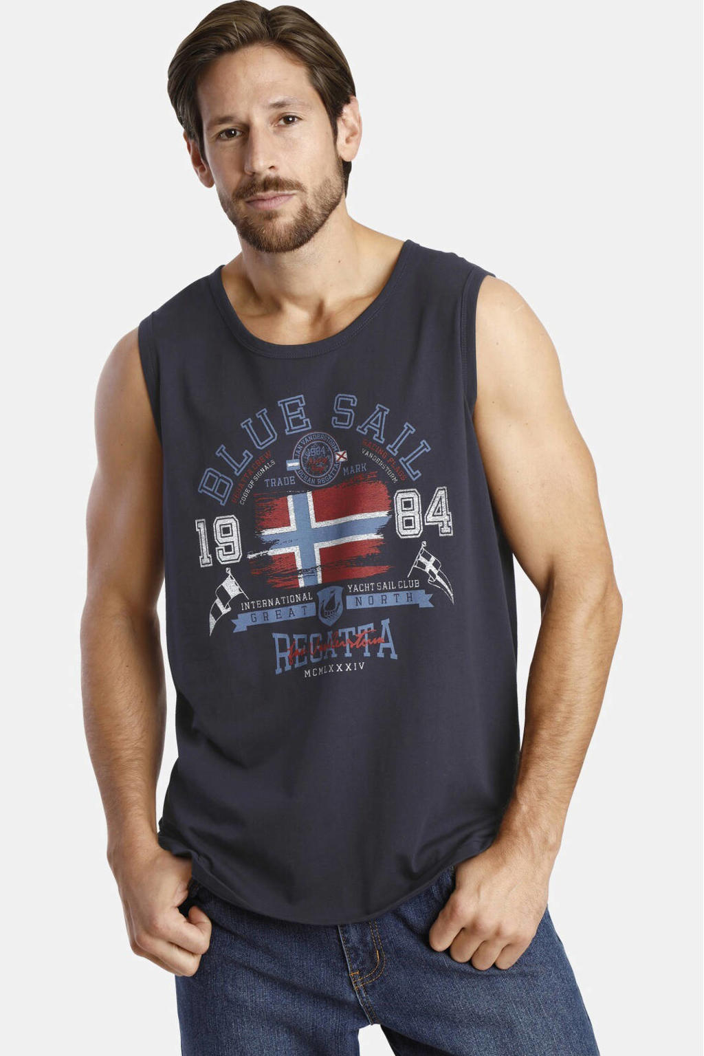 Donkerblauwe heren Jan Vanderstorm singlet Plus Size van katoen met ronde hals