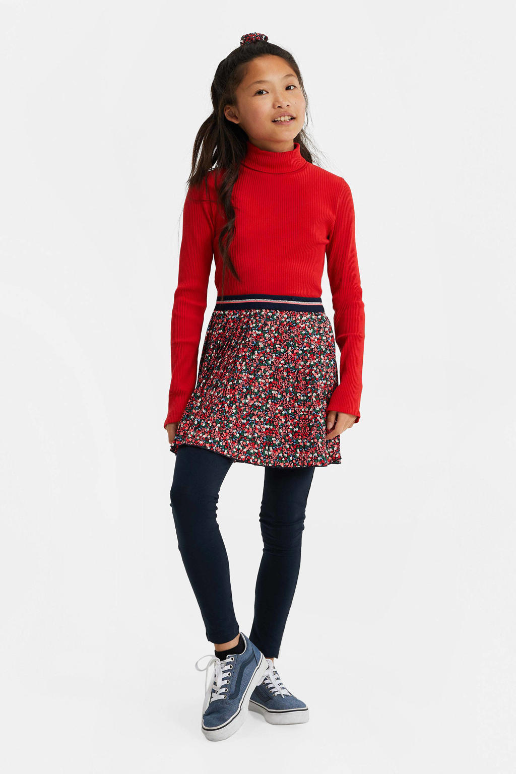 Rode meisjes WE Fashion ribgebreide coltrui Myla van stretchkatoen met effen en lange mouwen