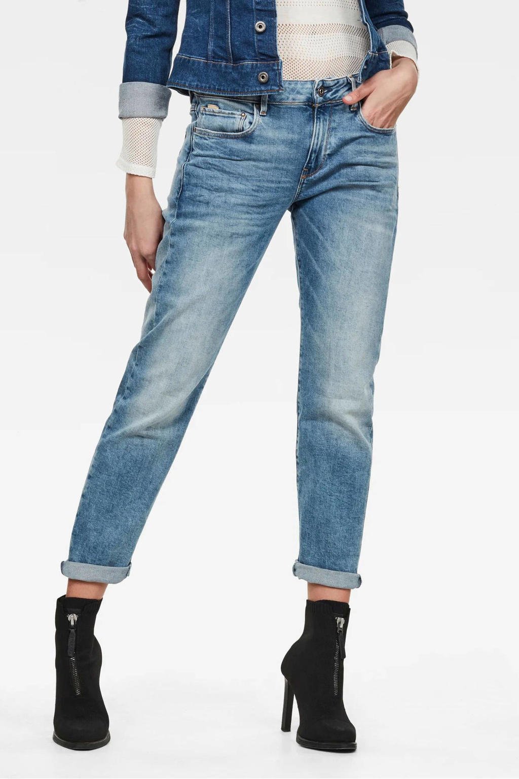 Blauwe dames G-Star RAW Kate boyfriend jeans van duurzaam stretchdenim met regular waist en rits- en knoopsluiting