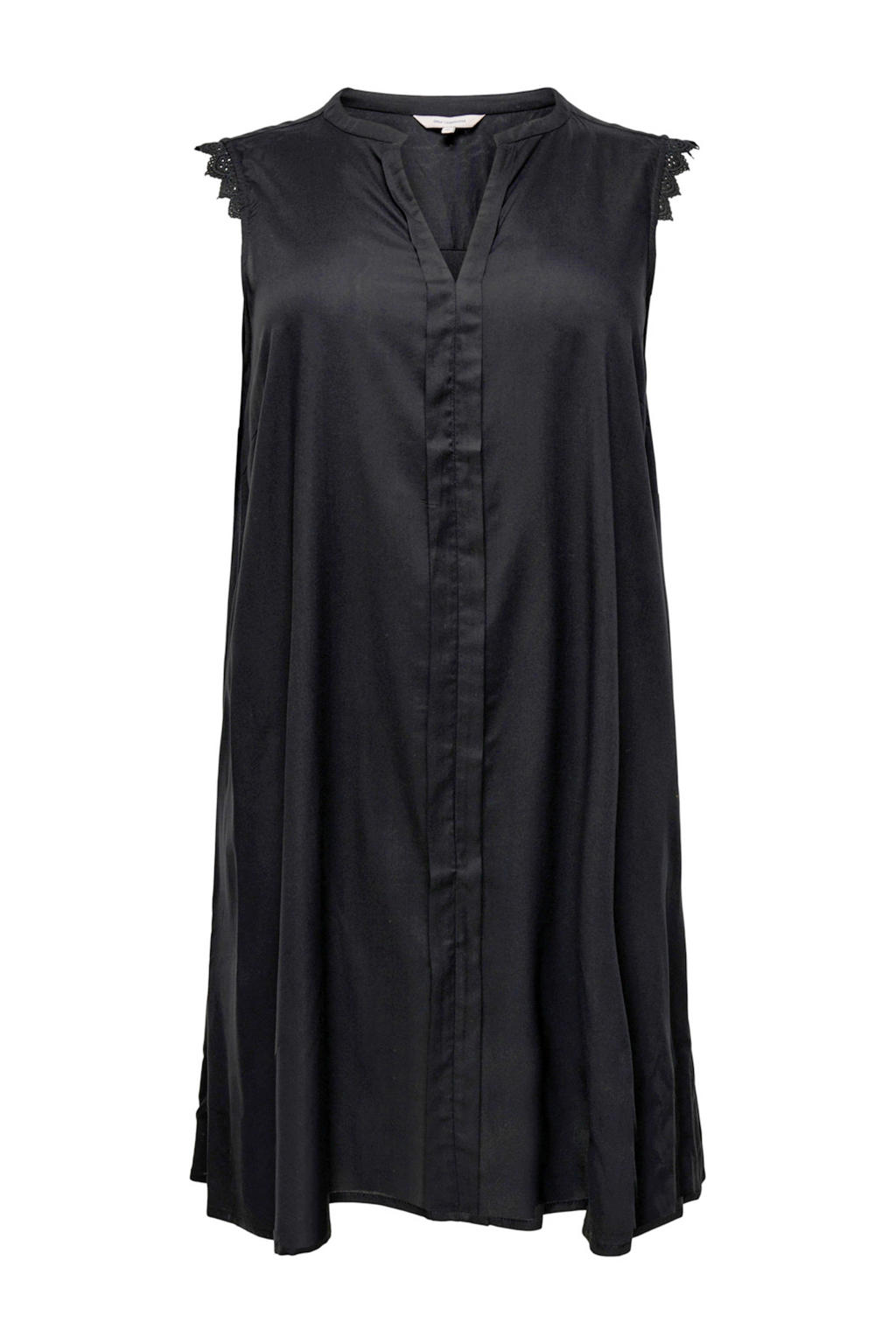 Zwarte dames ONLY CARMAKOMA jurk Mumi van viscose met effen, korte mouwen, V-hals en kant