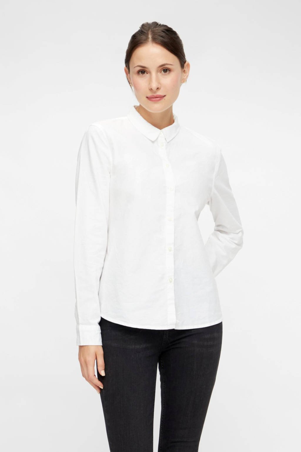 Witte dames PIECES blouse van biologisch katoen met lange mouwen, klassieke kraag en knoopsluiting