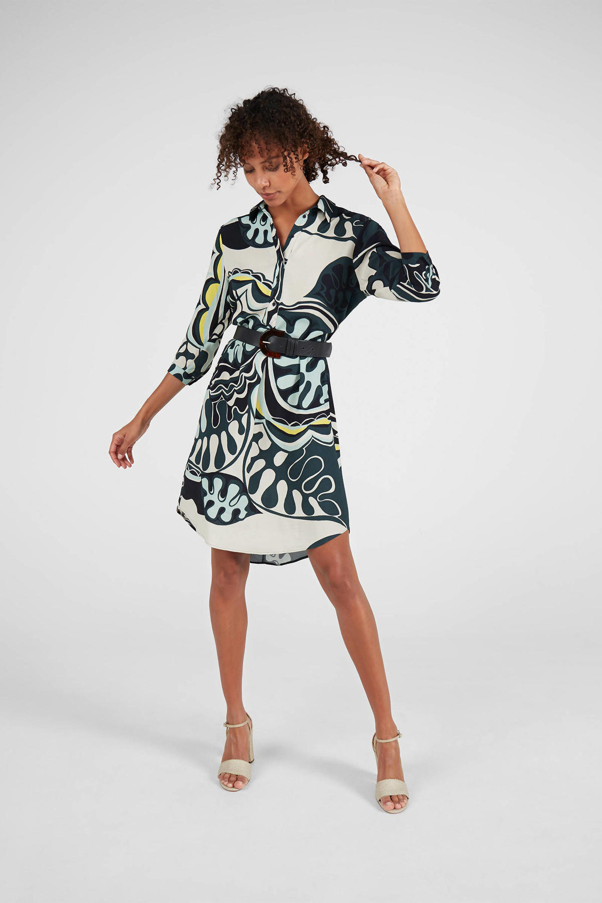 Hassy balans Kaal Expresso jurk met grafische print donkergroen/wit/geel | wehkamp