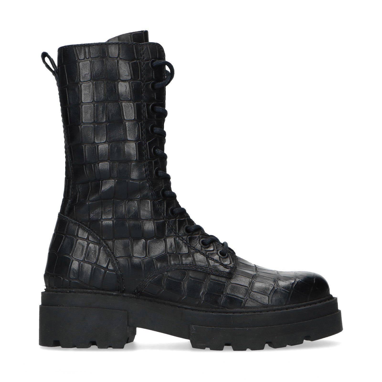 Sacha leren veterboots crocoprint zwart | wehkamp