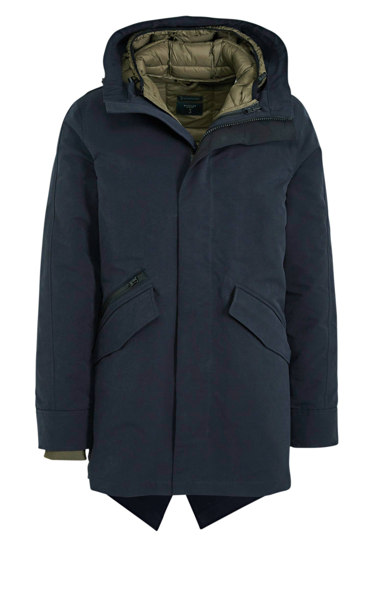 Butcher of Blue winterjas donkerblauw normale fit effen rits online kopen