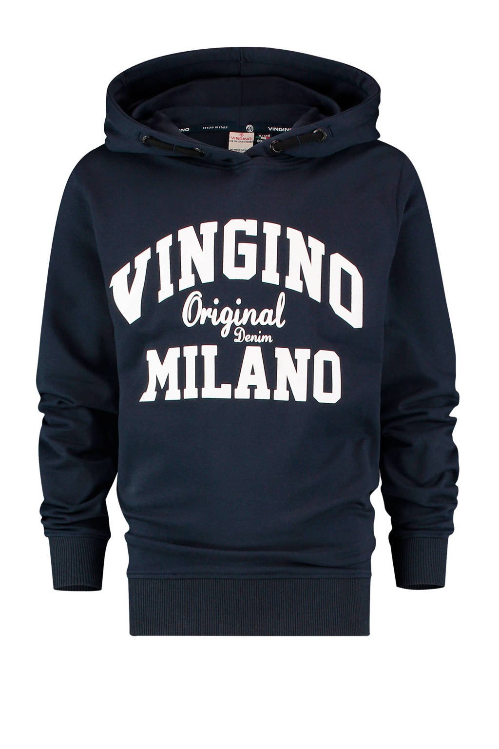 Donkerblauw en witte jongens Vingino Essentials hoodie van duurzame sweatstof met logo dessin, lange mouwen en capuchon