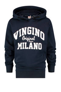 Donkerblauw en witte jongens Vingino Essentials hoodie van duurzame sweatstof met logo dessin, lange mouwen en capuchon
