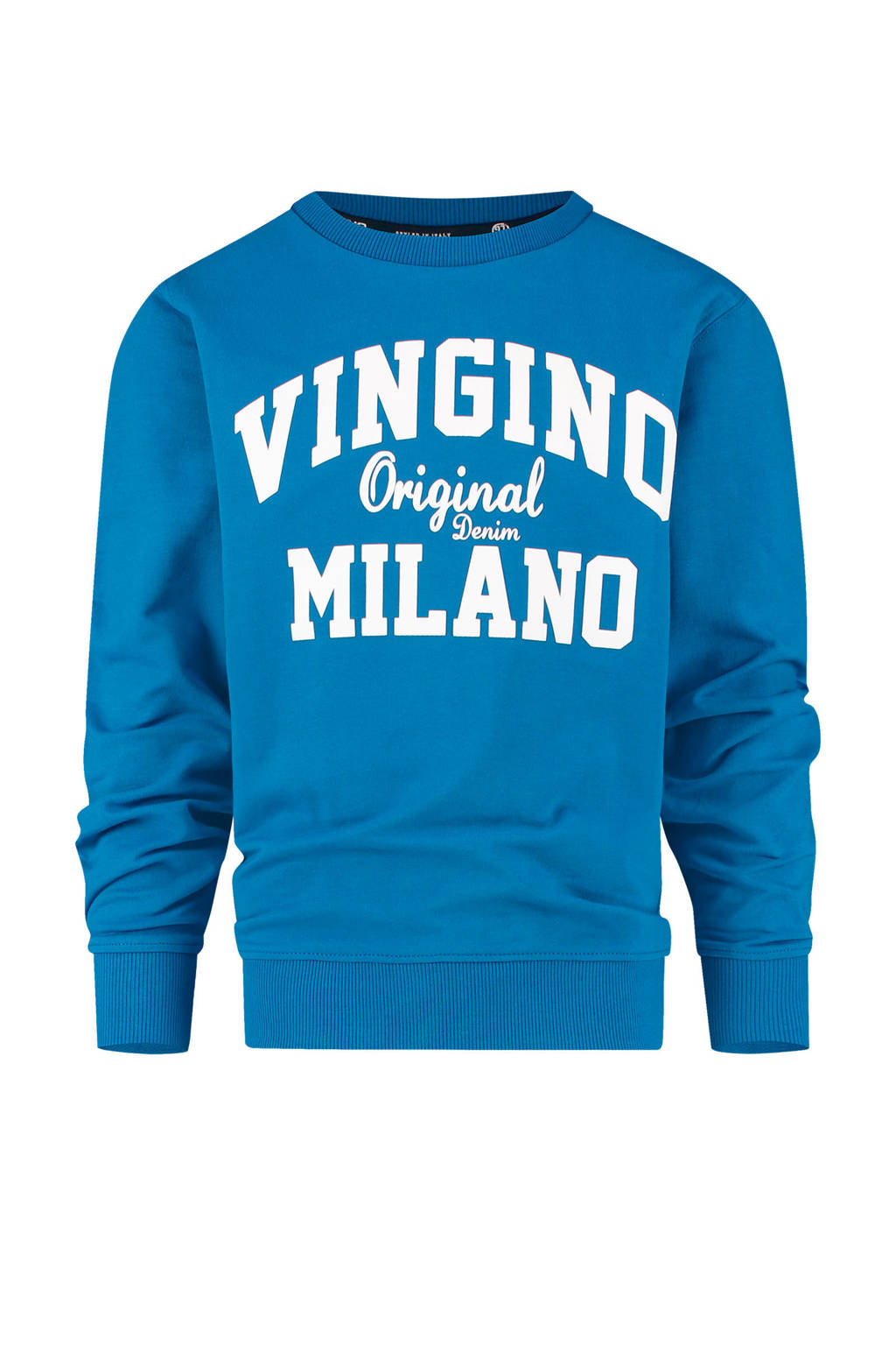 Blauw en witte jongens Vingino Essentials sweater met logo dessin, lange mouwen en ronde hals
