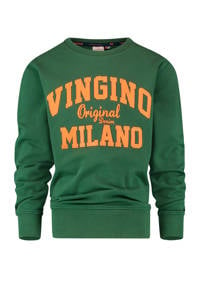 Donkergroen en oranje jongens Vingino Essentials sweater met logo dessin, lange mouwen en ronde hals