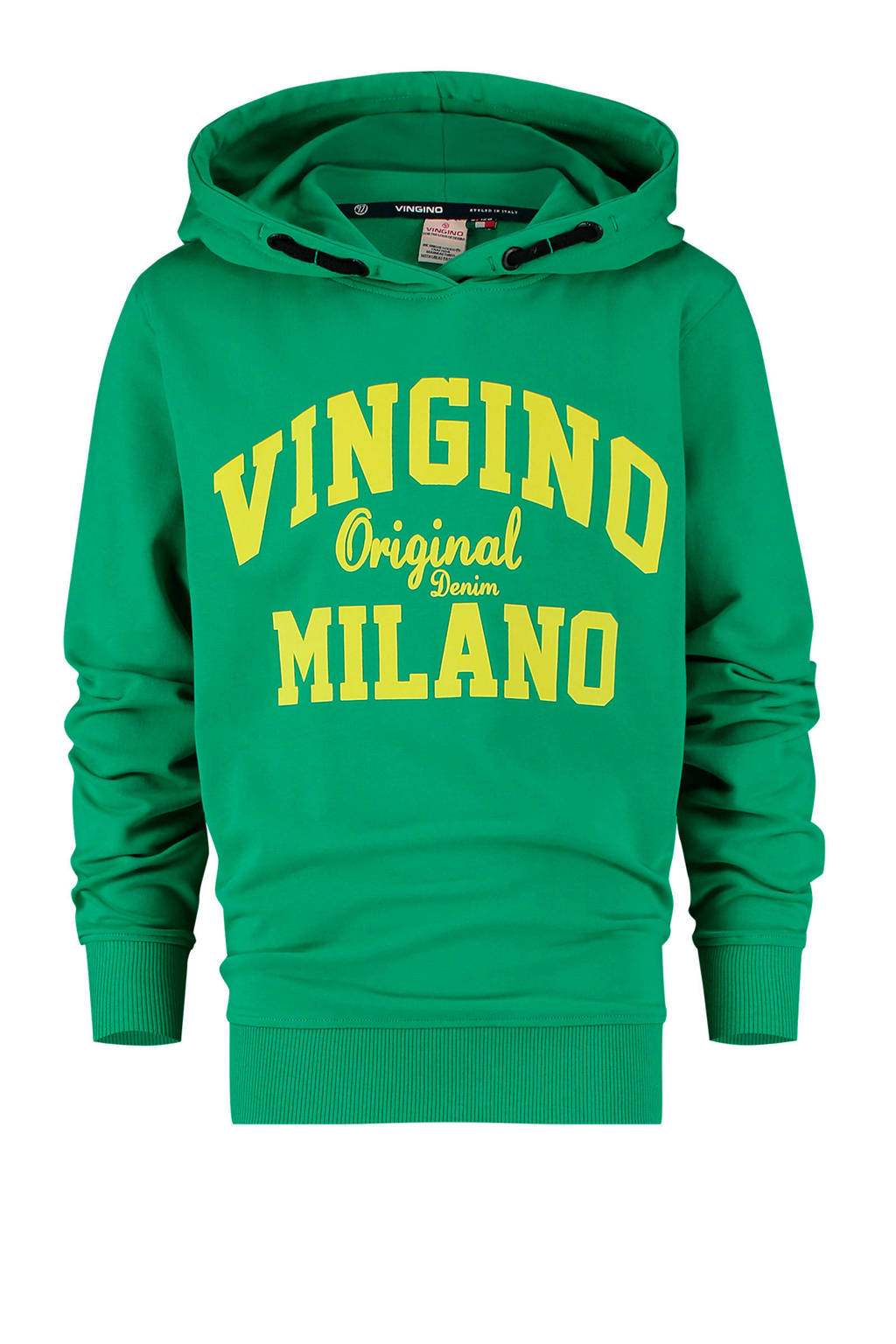 Groen en gele jongens Vingino Essentials hoodie van duurzame sweatstof met logo dessin, lange mouwen en capuchon