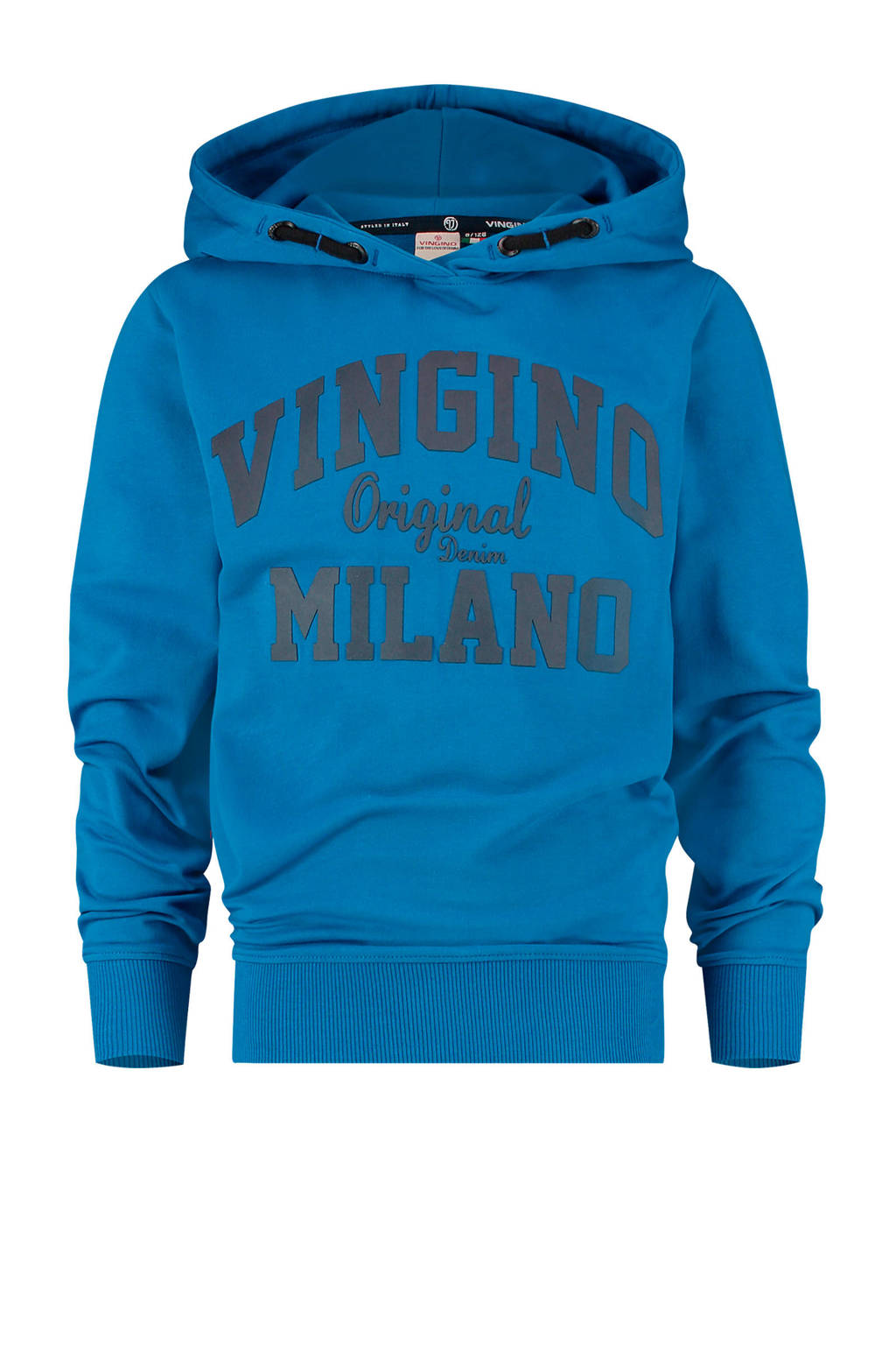 Blauw en zwarte jongens Vingino Essentials hoodie van duurzame sweatstof met logo dessin, lange mouwen en capuchon