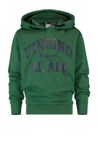 Donkergroen en zwarte jongens Vingino Essentials hoodie van duurzame sweatstof met logo dessin, lange mouwen en capuchon