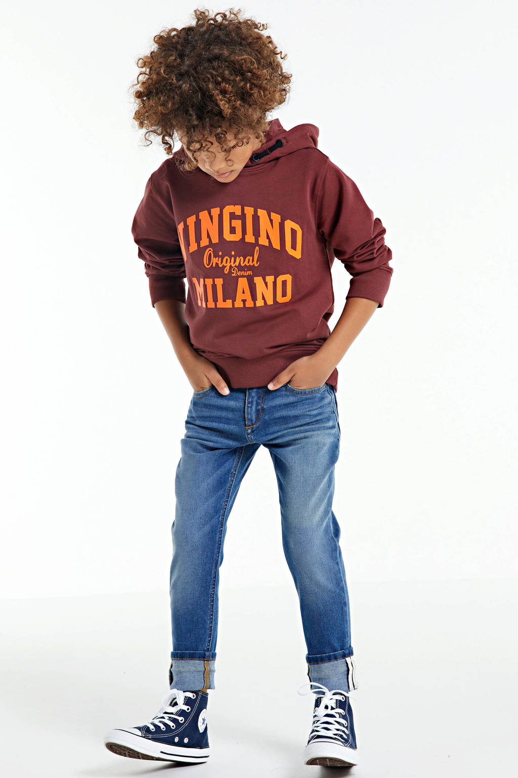 Rood, donkerrood en oranje jongens Vingino Essentials hoodie van duurzame sweatstof met logo dessin, lange mouwen en capuchon