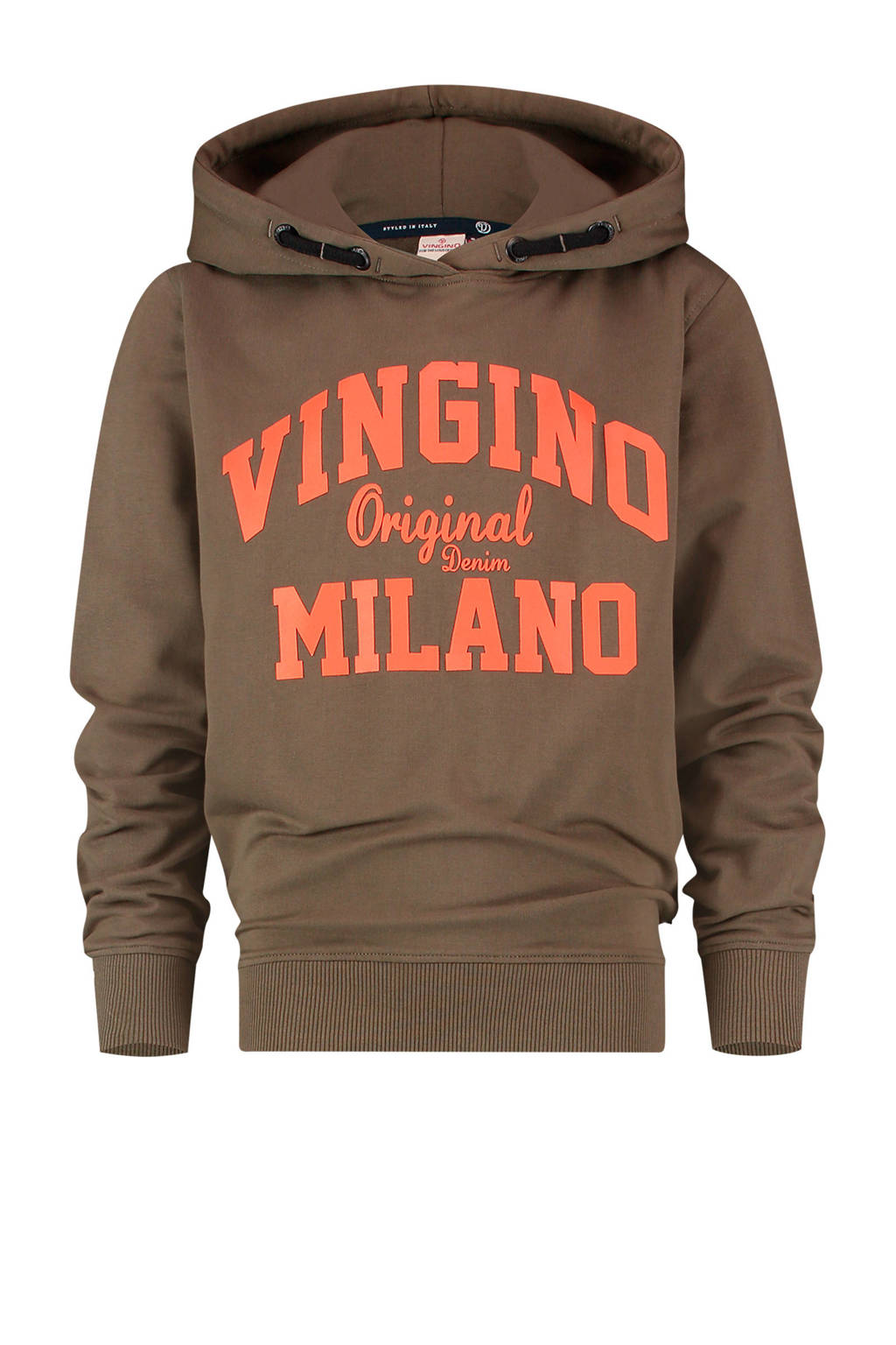 Groen en oranje jongens Vingino Essentials hoodie army van duurzame sweatstof met logo dessin, lange mouwen en capuchon