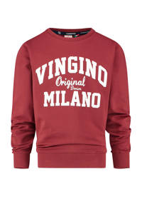 Donkerrood en witte jongens Vingino Essentials sweater met logo dessin, lange mouwen en ronde hals