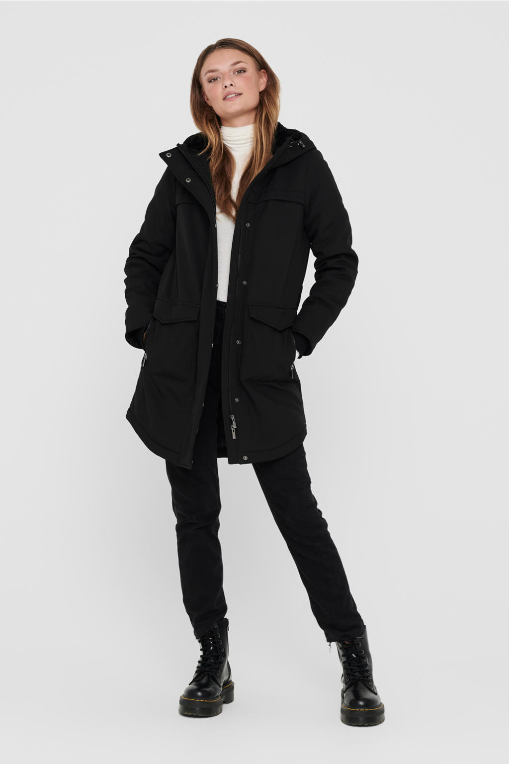 Zwarte dames ONLY parka van polyester met effen, lange mouwen, capuchon, rits- en drukknoopsluiting en tunnelkoord