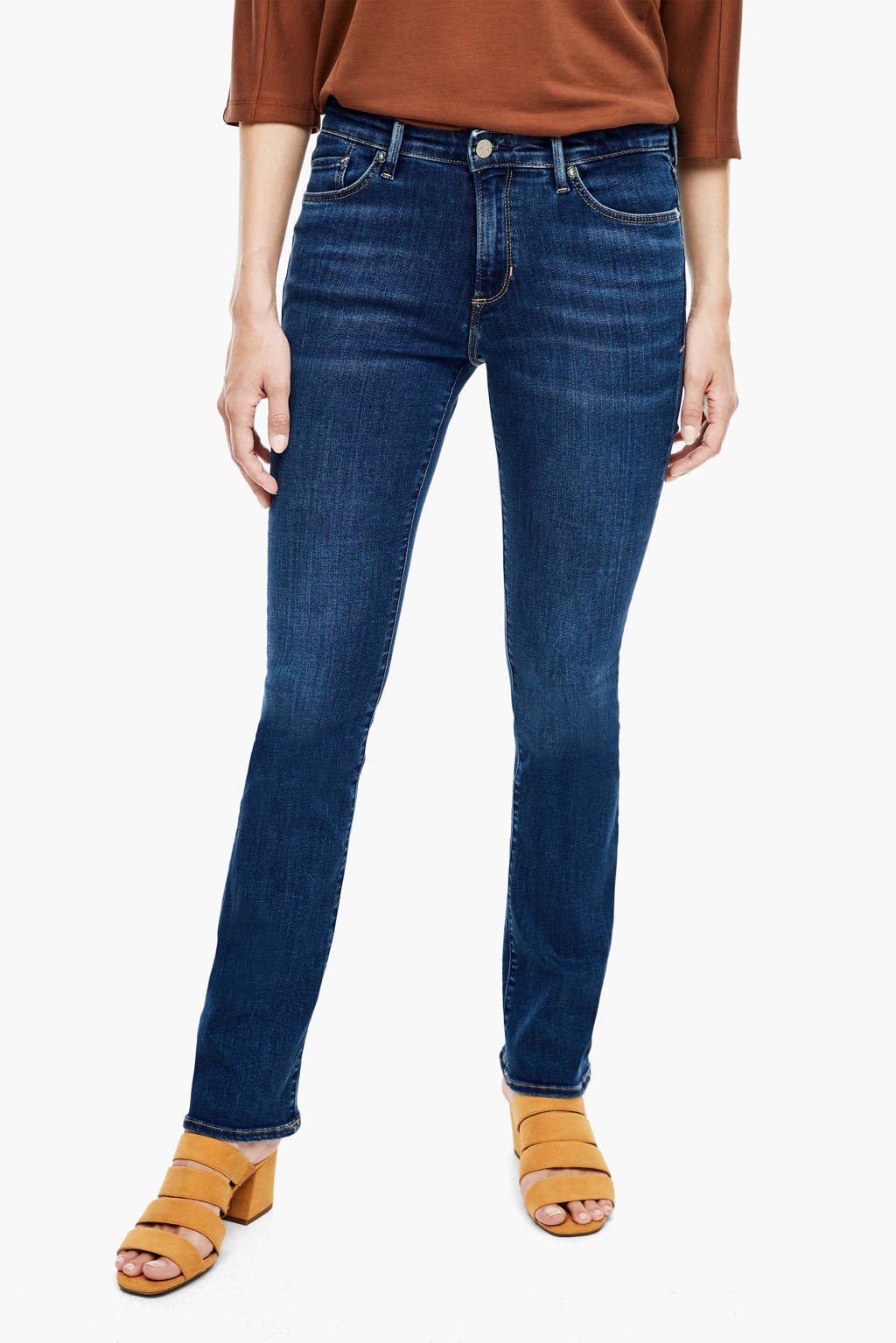 Donkerblauwe dames s.Oliver bootcut jeans van stretchdenim met regular waist en rits- en knoopsluiting