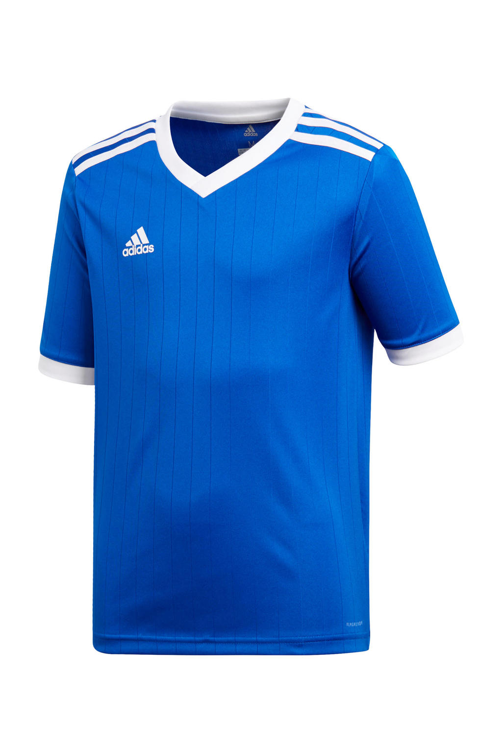 Blauwe jongens en meisjes adidas Performance Junior voetbalshirt van gerecycled polyester met korte mouwen en ronde hals