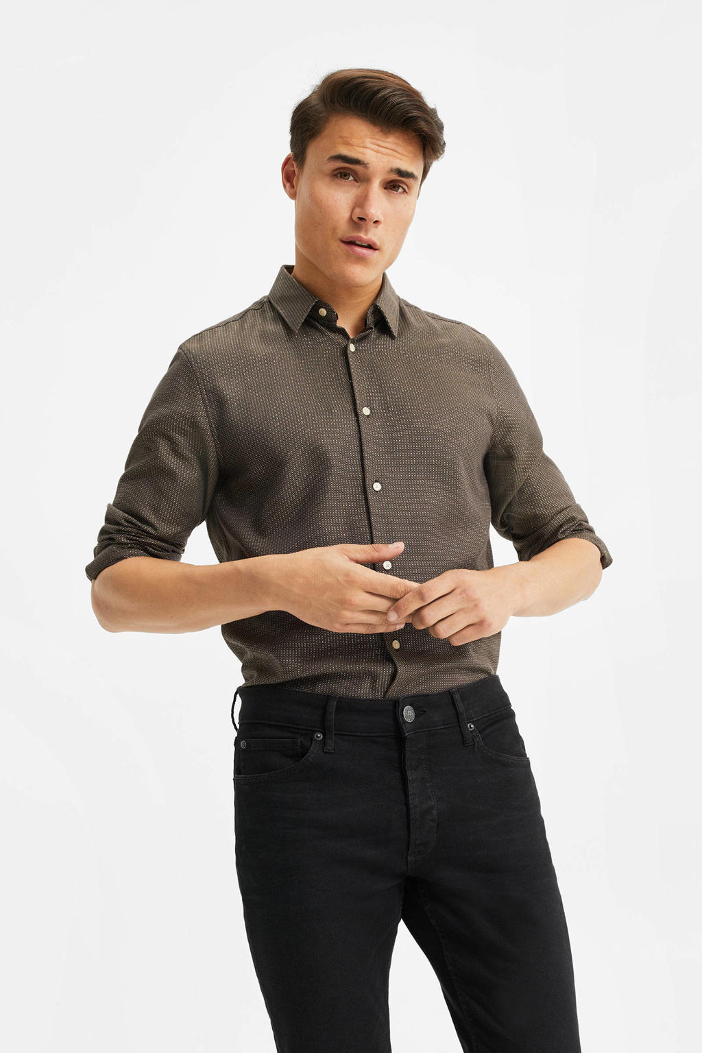 WE Fashion slim fit overhemd met glitters bruin wehkamp