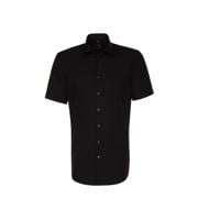 thumbnail: Zwarte heren Seidensticker regular fit overhemd van katoen met korte mouwen, klassieke kraag en knoopsluiting