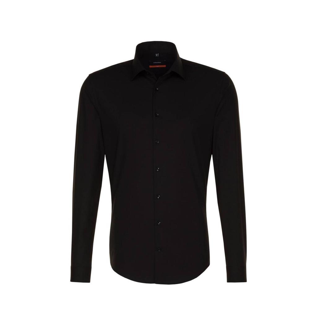 Zwarte heren Seidensticker slim fit overhemd van katoen met lange mouwen en klassieke kraag