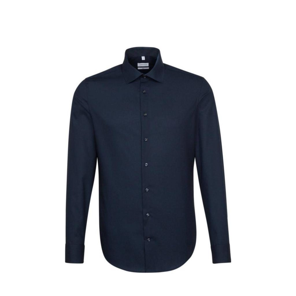 Donkerblauwe heren Seidensticker slim fit overhemd van katoen met lange mouwen en klassieke kraag